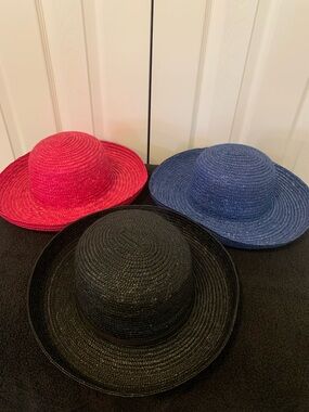 Trio of Straw Sun Hats - Black, Red, Blue